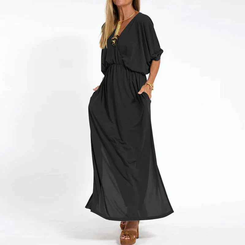 Angelica™ - Langes Vintage-Kleid mit Seitenschlitz an der hohen Taille
